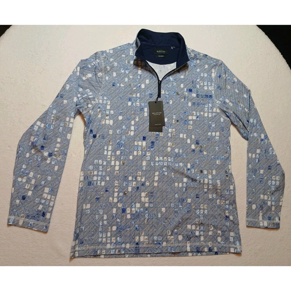 NWT BUGATCHI Anthony OoohCotton Tech Quarter-Zip Pullover Abstract Blue Medium